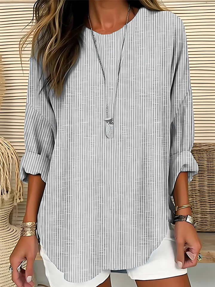 Women's Striped Long Sleeve Blouse with Round Neck