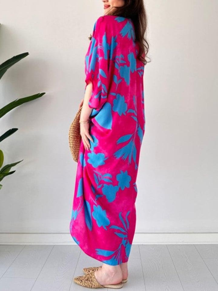 Beth | Maxi Holiday Dress with Floral Print and Batwing Sleeves