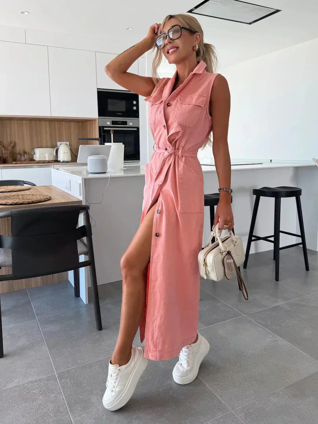 Claire | Maxi Shirt Dress with Belted Waist and Side Slit