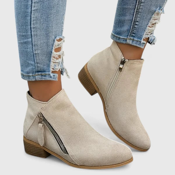 Women's Ankle Boots with Side Zip and Low Block Heel