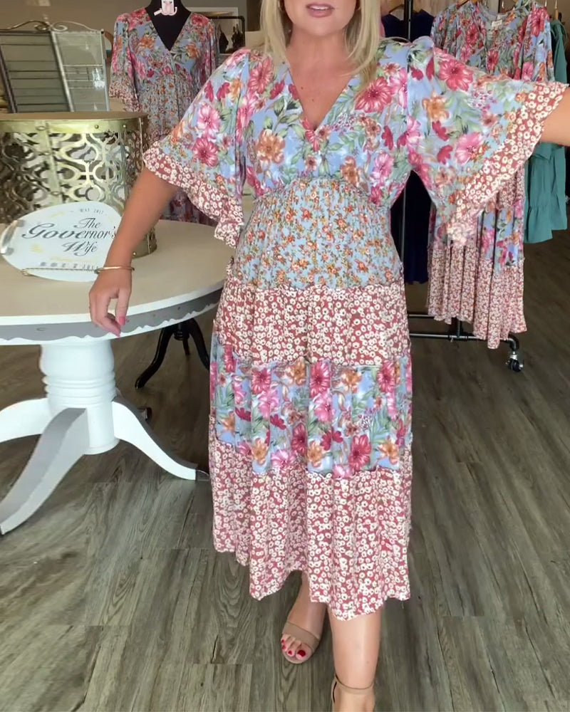 Sandra | Midi Summer Dress with Floral Print and V-Neck