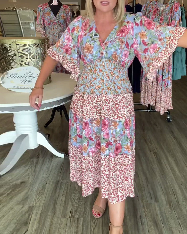 Sandra | Midi Summer Dress with Floral Print and V-Neck