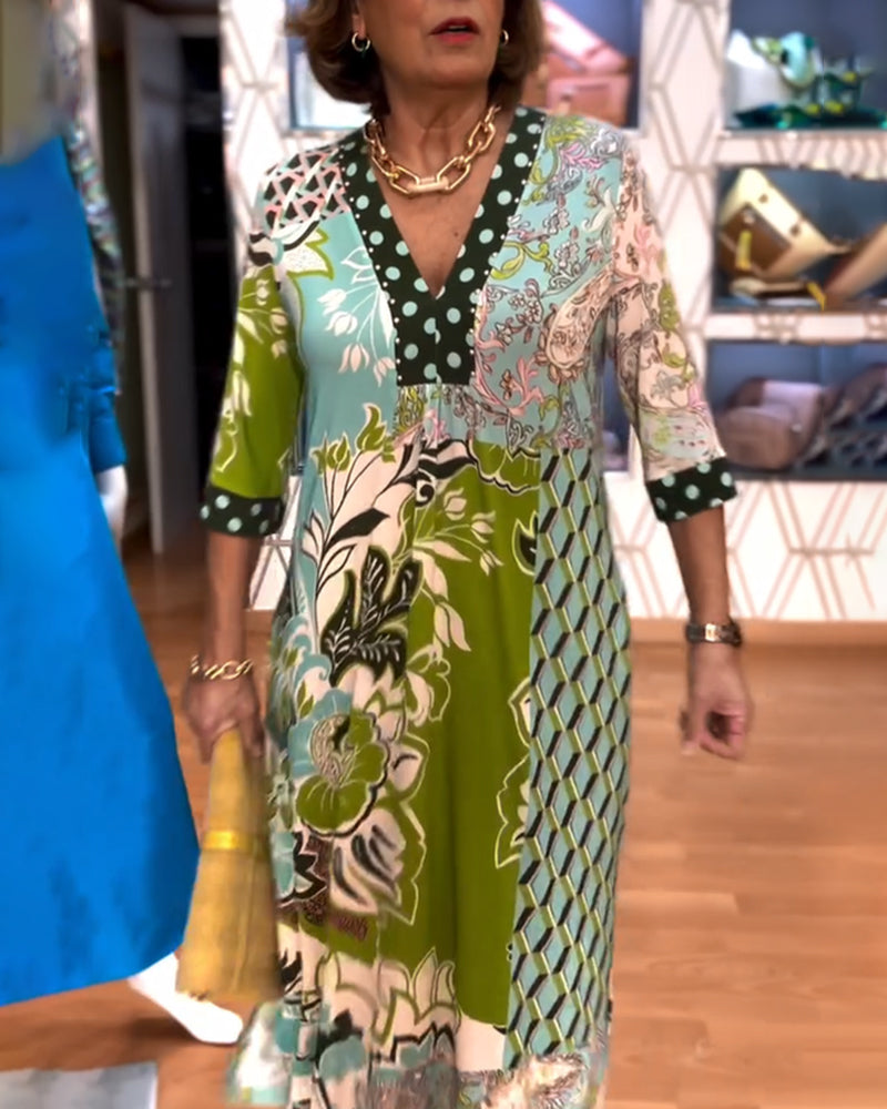 Linda | Midi Summer Dress with Boho Print and Three Quarter Sleeves