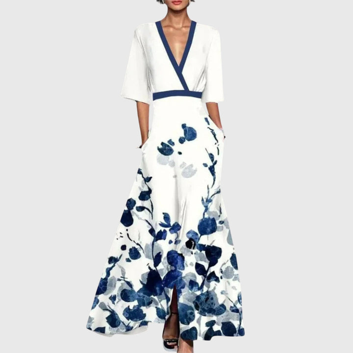 Women's Long Sleeve Maxi Dress with V Neck and Floral