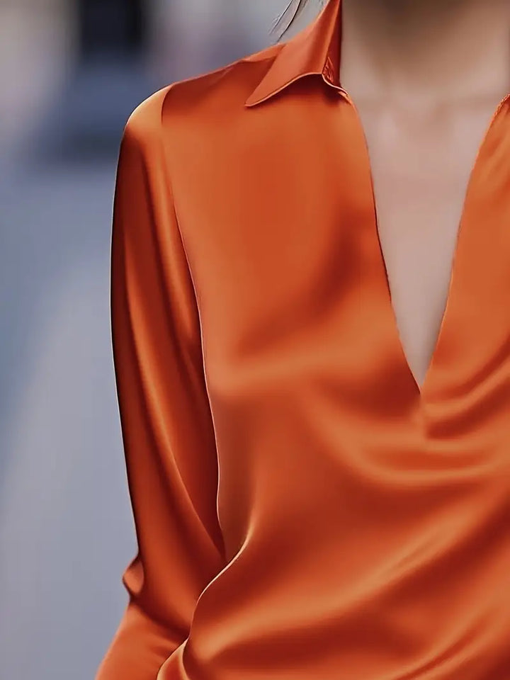 Women's Satin Blouse with V-Neck Collar and Long Sleeve