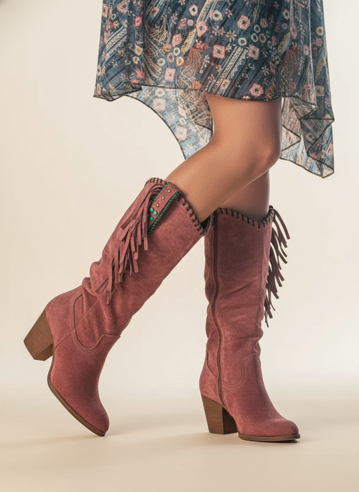 Women's Mid-Calf Western Fringe Boots with Block Heel Closed Toe