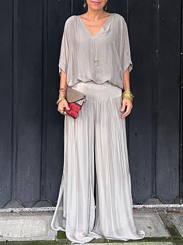 Edith | Two-Piece Set with V-Neck Top and Wide Leg Trousers