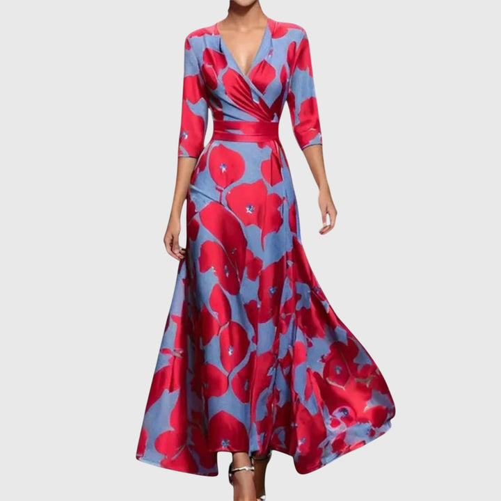 Women's Long Sleeve Maxi Dress with V Neck and Floral