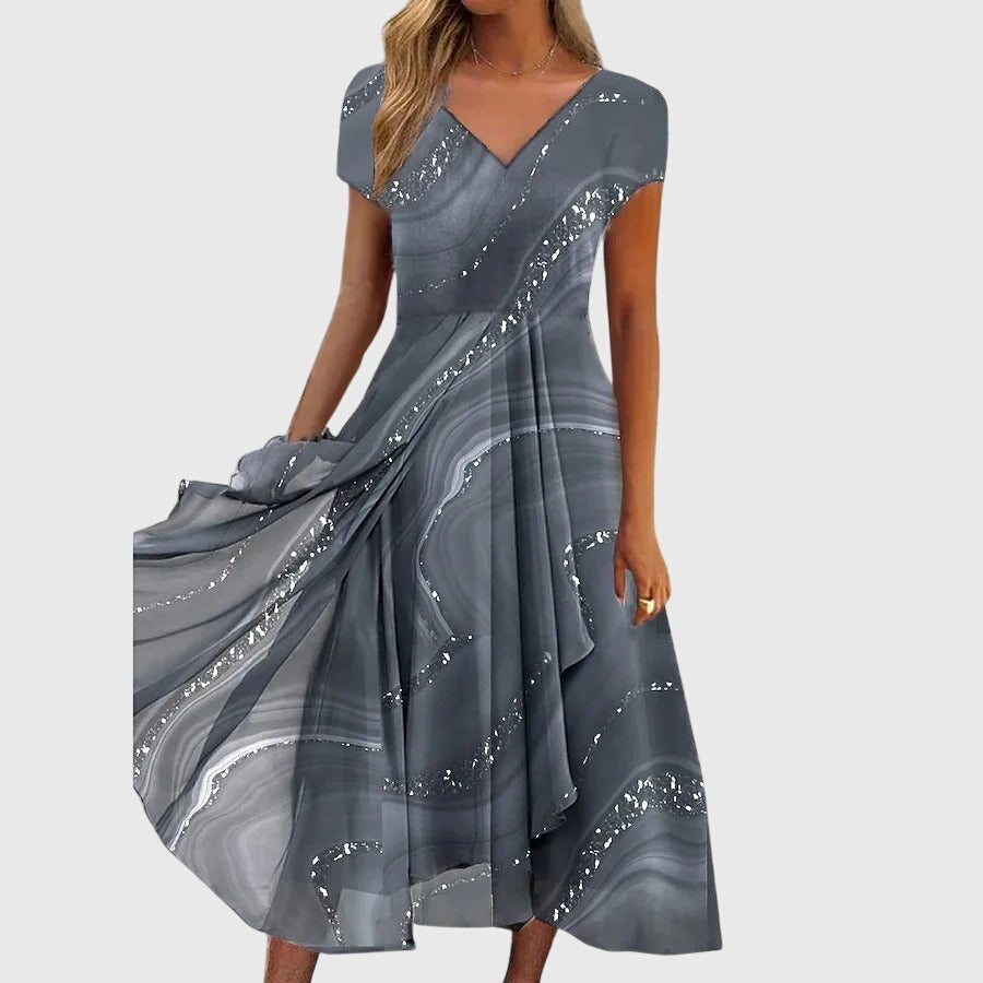 Women's Short Sleeve Midi Dress with V Neck and Print