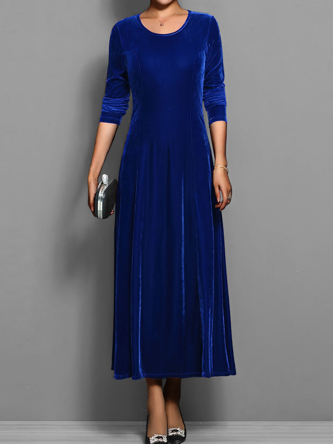 Women's A-Line Maxi Dress with Long Sleeve Flared Skirt