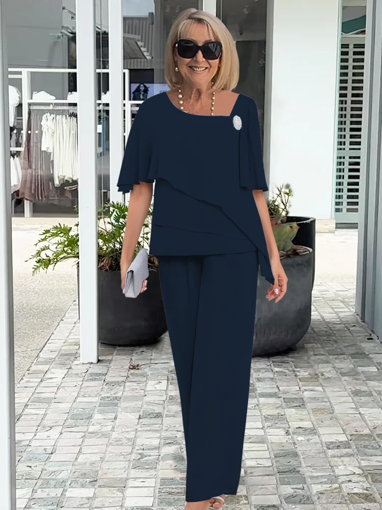 Women's Short Sleeve Draped Overlay Top and Straight Leg Pants Set
