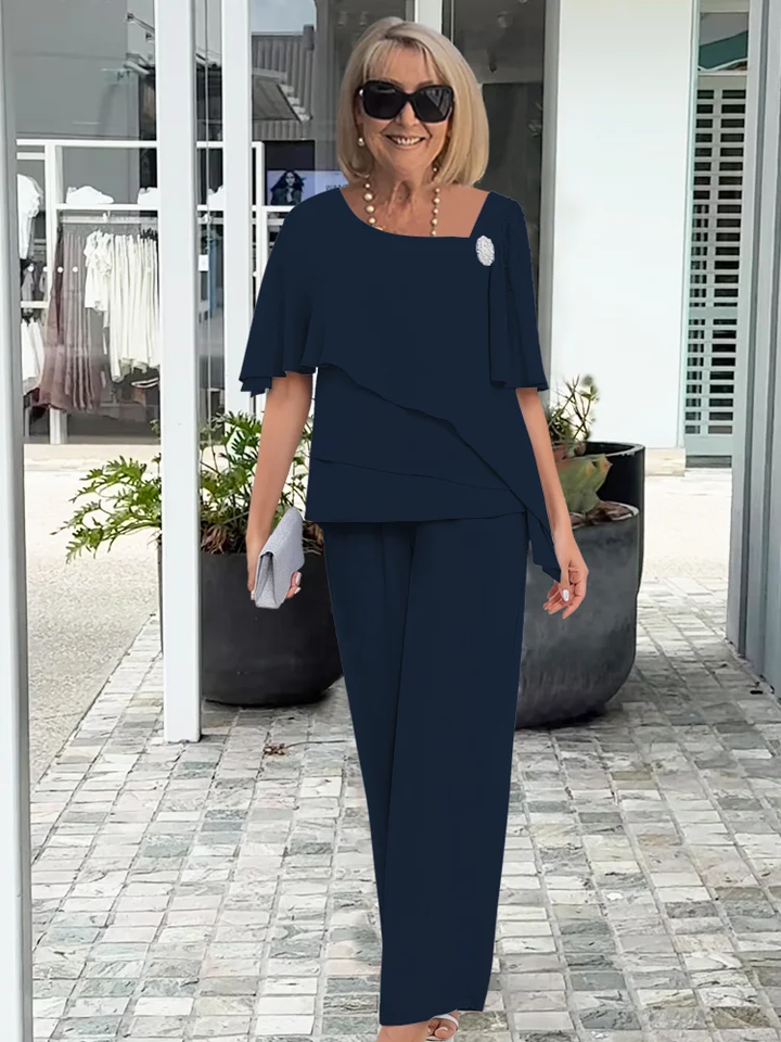 Women's Short Sleeve Draped Overlay Top and Straight Leg Pants Set