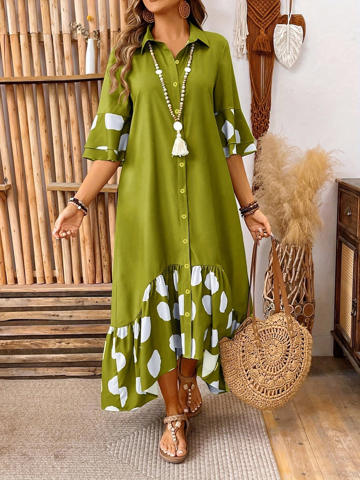 Amber | Midi Polka Dot Dress with Button Front and Ruffle Hem