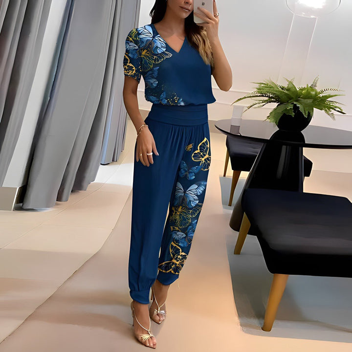 Kia | Geometric Print Two-Piece Set with Wide-Leg Trousers and V-Neck Top