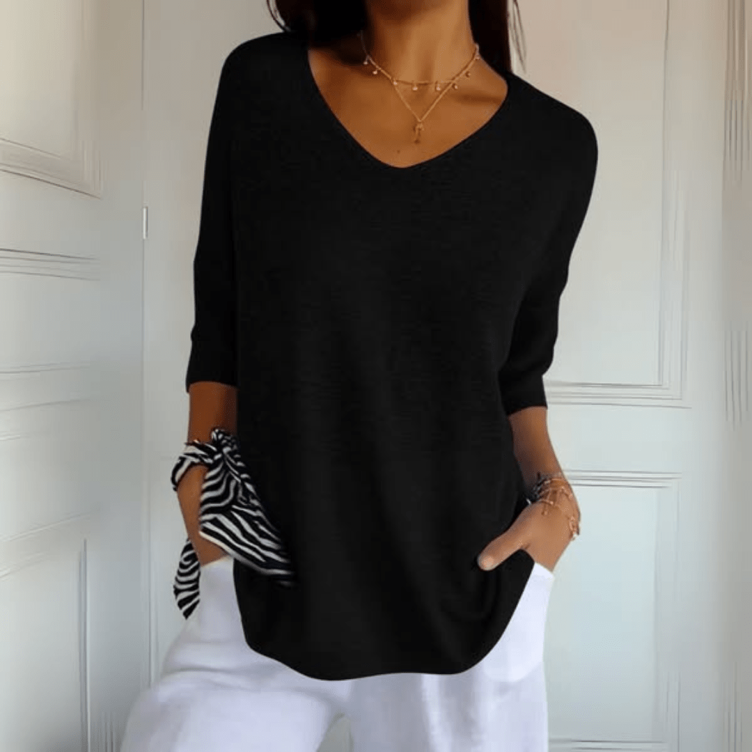 Women's Loose Fit V-Neck Top with Three Quarter Sleeve