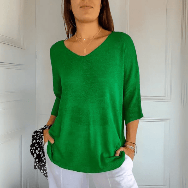 Women's Loose Fit V-Neck Top with Three Quarter Sleeve