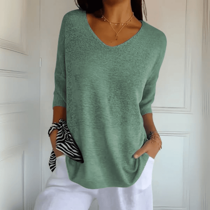 Women's Loose Fit V-Neck Top with Three Quarter Sleeve