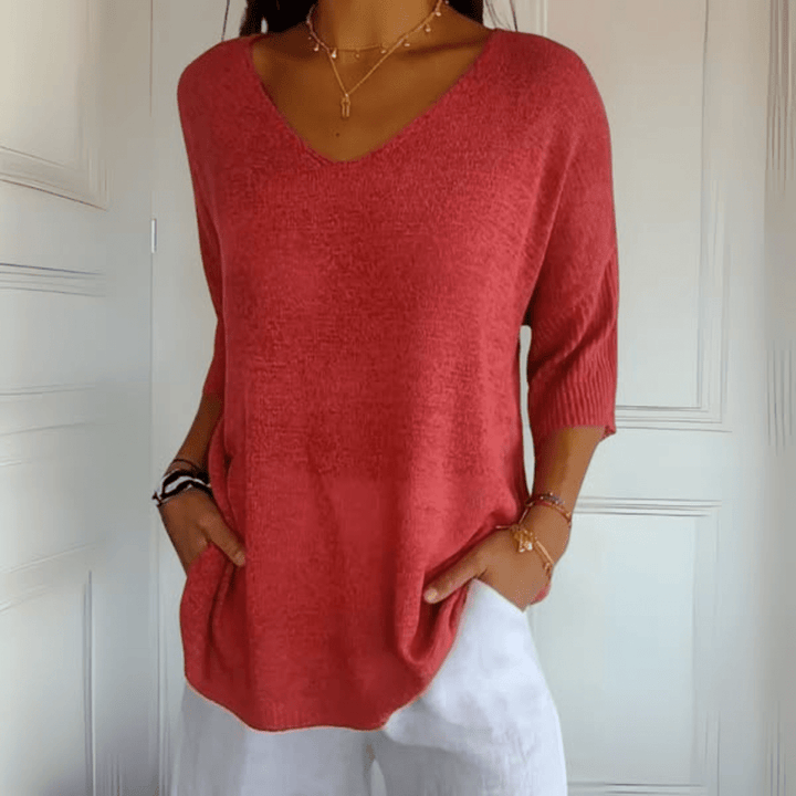 Women's Loose Fit V-Neck Top with Three Quarter Sleeve