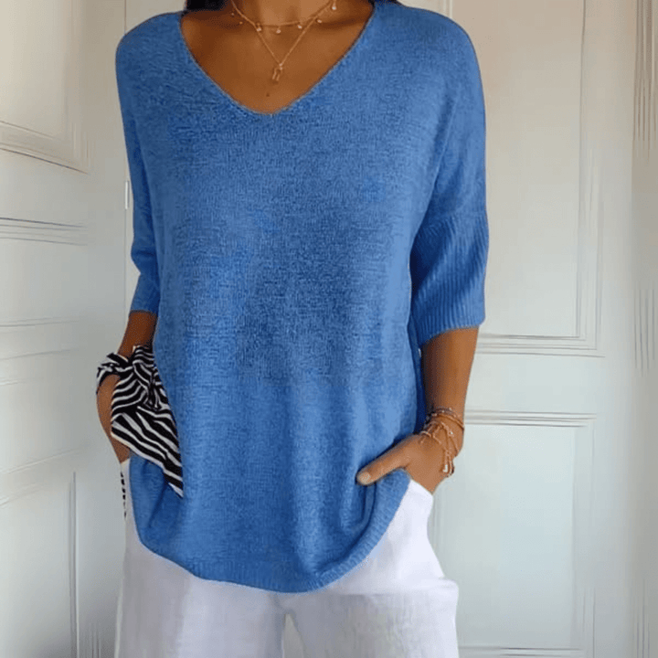 Women's Loose Fit V-Neck Top with Three Quarter Sleeve