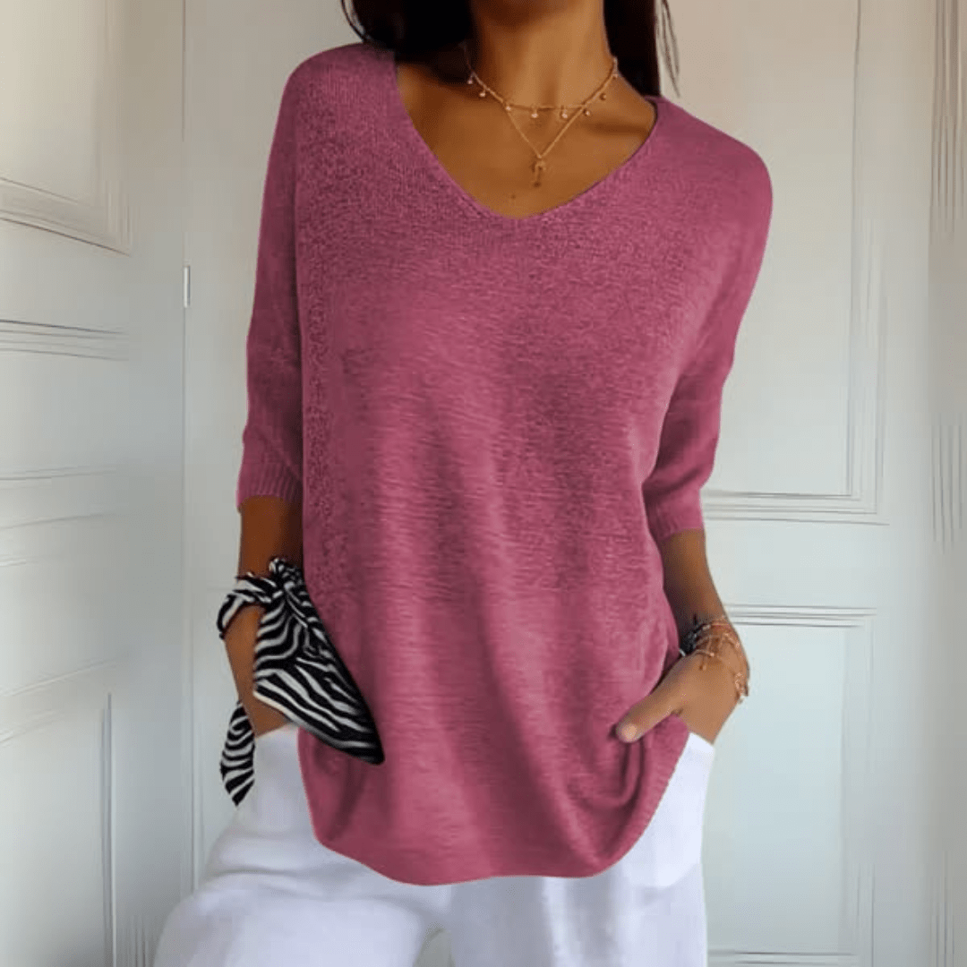 Women's Loose Fit V-Neck Top with Three Quarter Sleeve