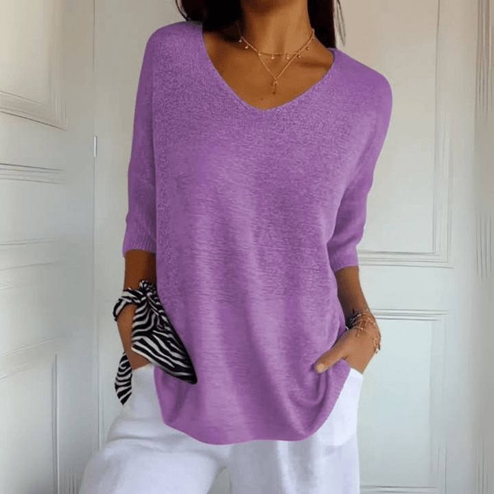 Women's Loose Fit V-Neck Top with Three Quarter Sleeve
