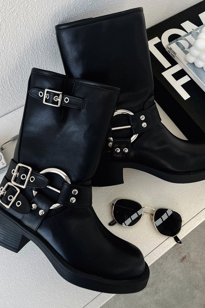 Women's Black Ankle Boots Multi Buckle Strap Low Block Heel