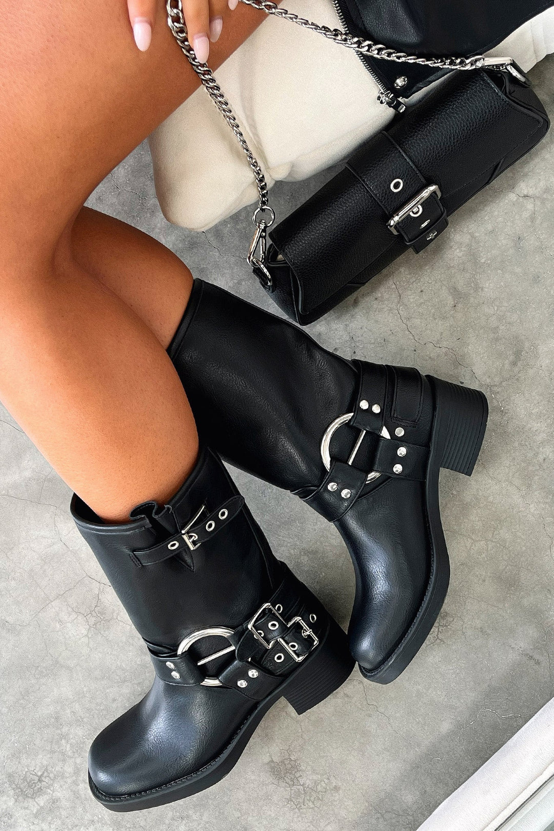 Women's Black Ankle Boots Multi Buckle Strap Low Block Heel