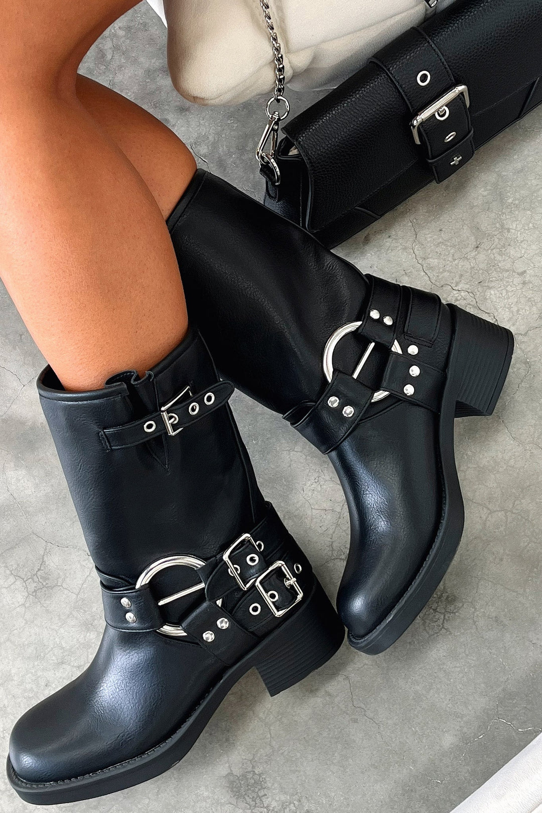 Women's Black Ankle Boots Multi Buckle Strap Low Block Heel