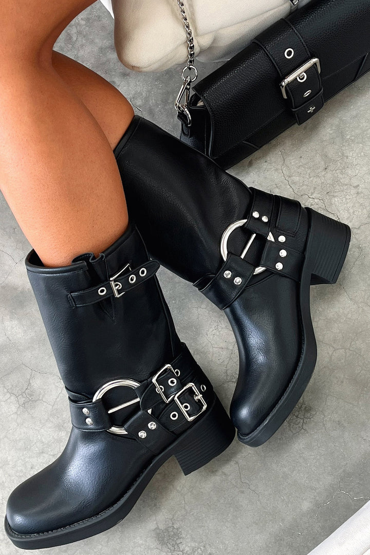 Women's Black Ankle Boots Multi Buckle Strap Low Block Heel