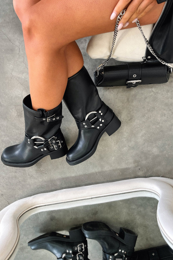 Women's Black Ankle Boots Multi Buckle Strap Low Block Heel