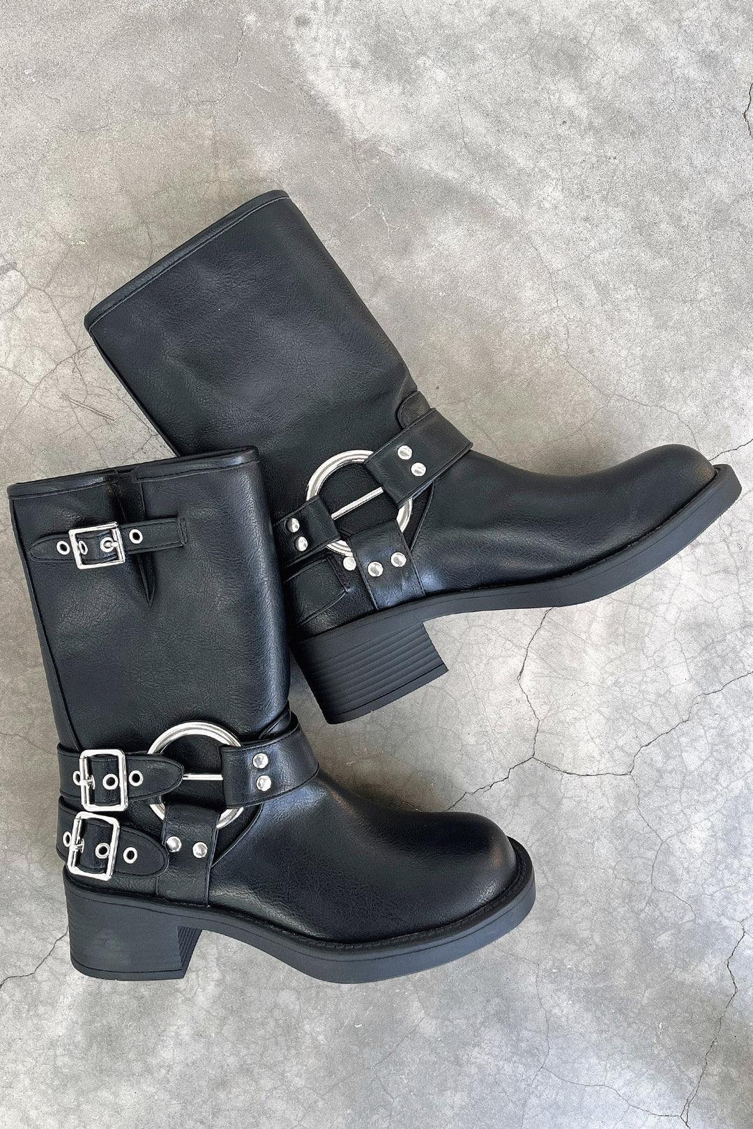 Women's Black Ankle Boots Multi Buckle Strap Low Block Heel
