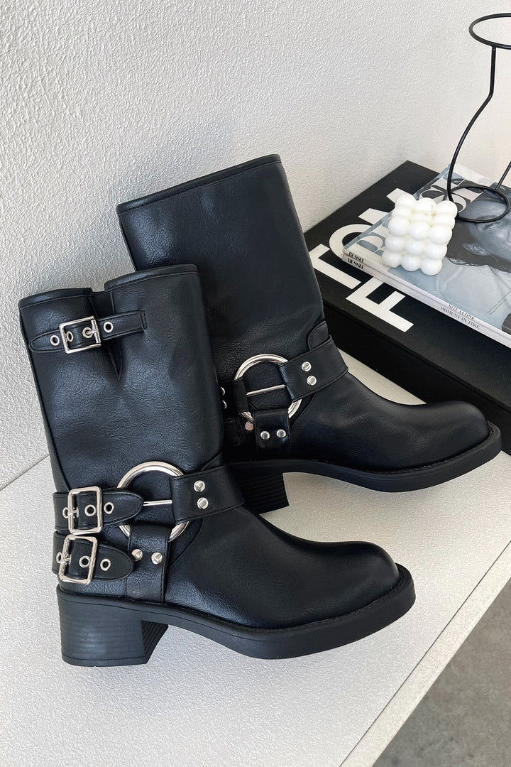 Women's Black Ankle Boots Multi Buckle Strap Low Block Heel