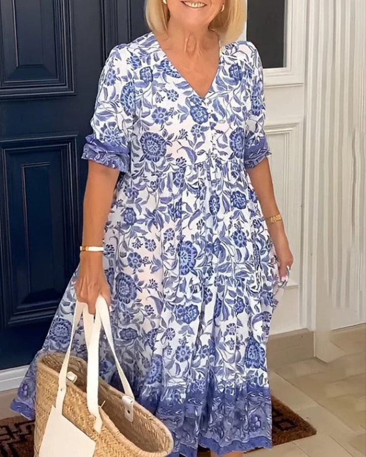 Women's Floral Maxi Dress with Button Front and 3/4 Sleeves