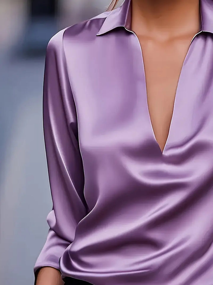 Women's Satin Blouse with V-Neck Collar and Long Sleeve