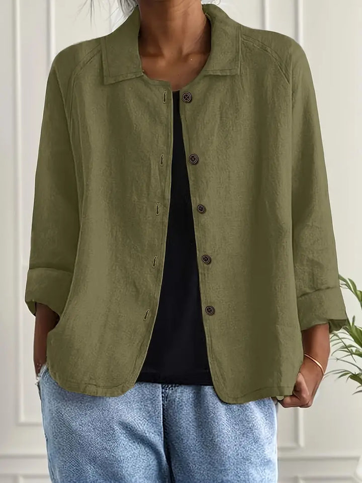 Women's Relaxed Linen Shirt with Open Collar and Button Front