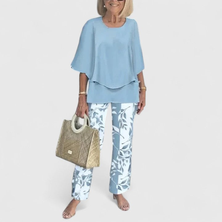 Marge | Matching Set with Floral Print Trousers and Layered Top