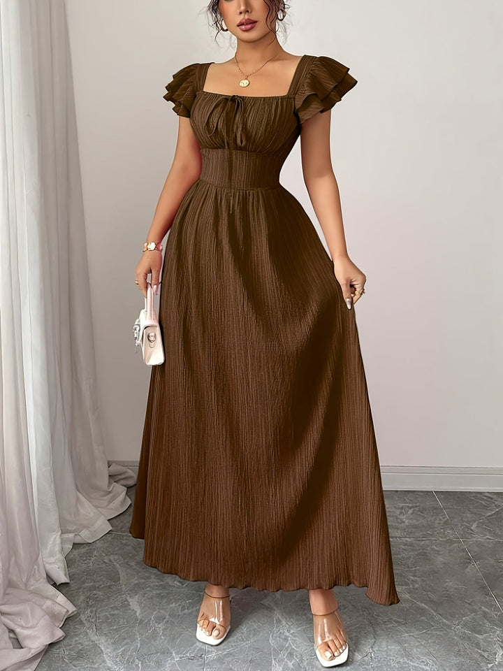 Vera | Maxi Wedding Guest Dress with Square Neck and Flutter Sleeves