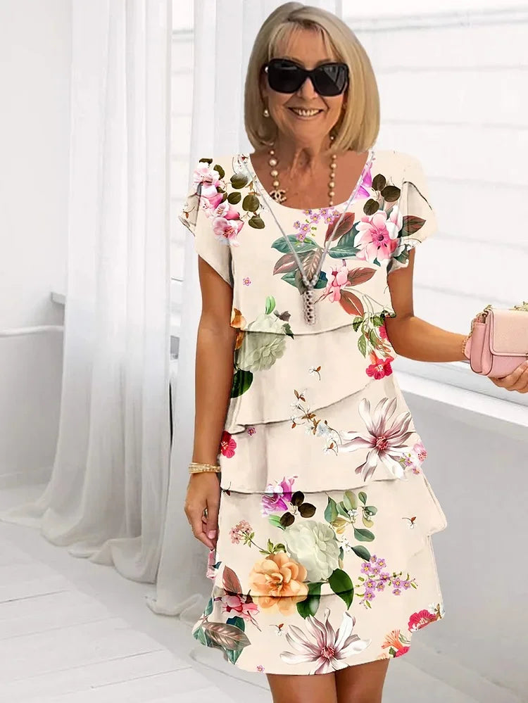 Loretta | Midi Wedding Guest Dress with Floral Print and Tiered Ruffles