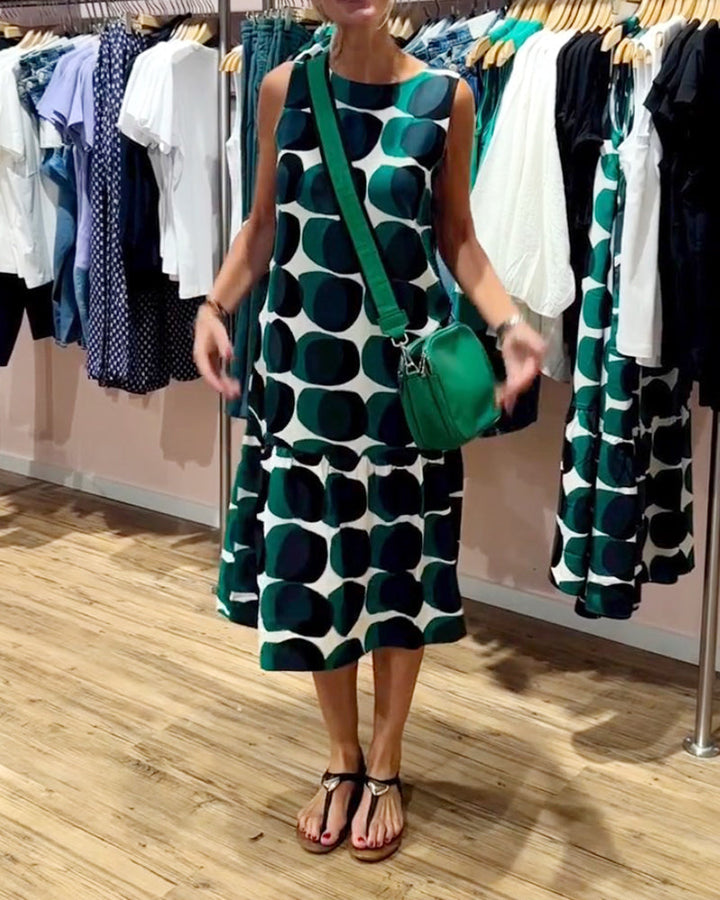 Sue | Midi Polka Dot Dress with Round Neck and Tiered Skirt