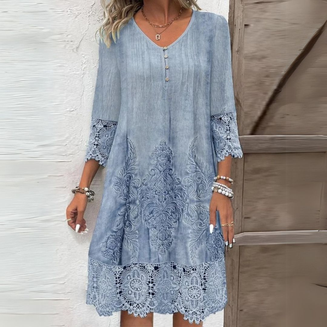 Women's Lace Midi Dress with V-Neck Button Placket and 3/4 Sleeves