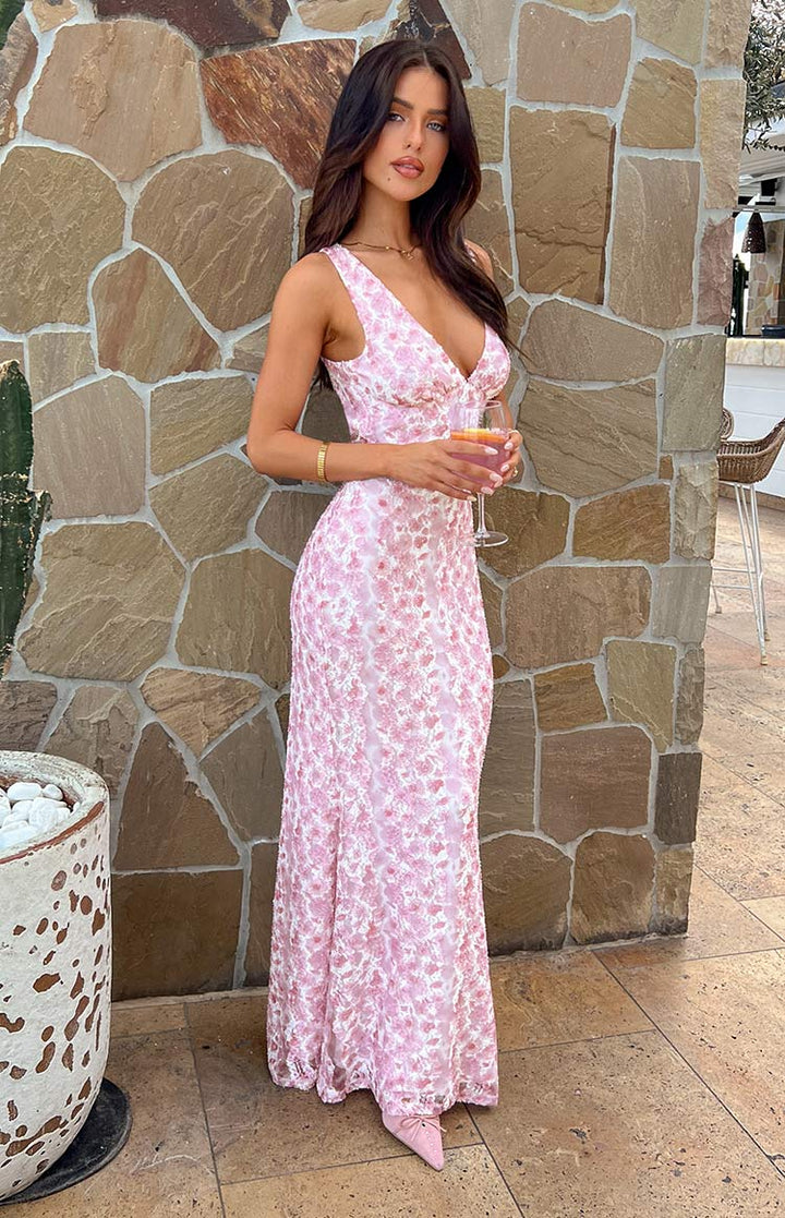 Chloe | Maxi Wedding Guest Dress with Floral Print and Open Back