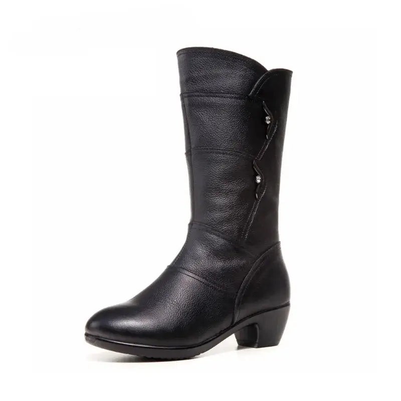 Women's Black Mid Calf Boots with Side Zip Low and Block Heel