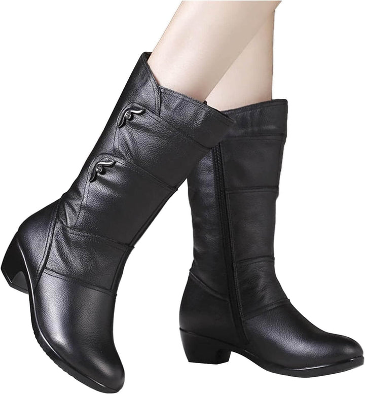 Women's Black Mid Calf Boots with Side Zip Low and Block Heel