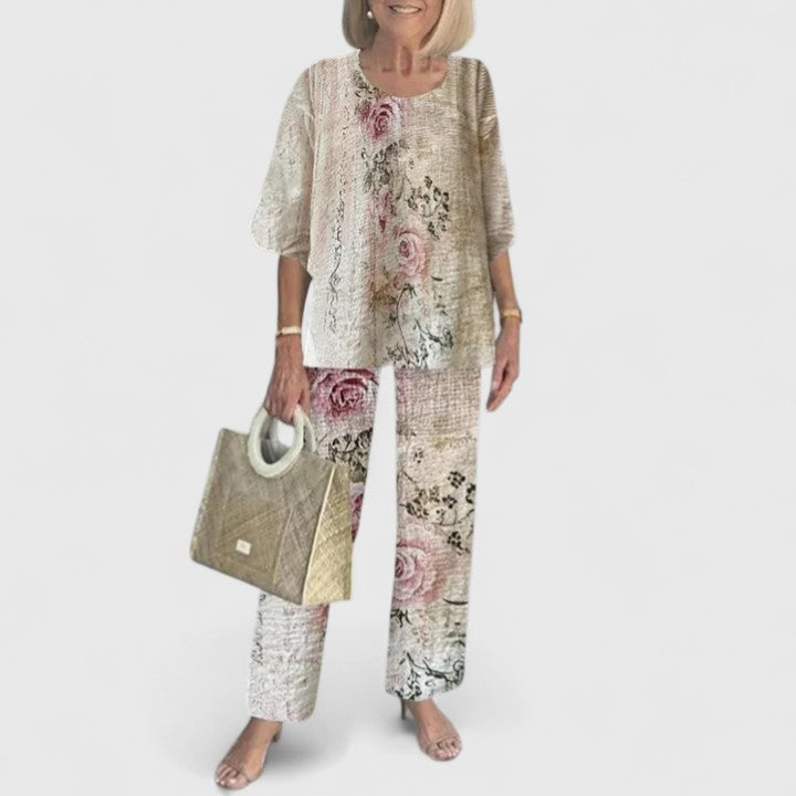 Marge | Matching Set with Floral Print Trousers and Layered Top