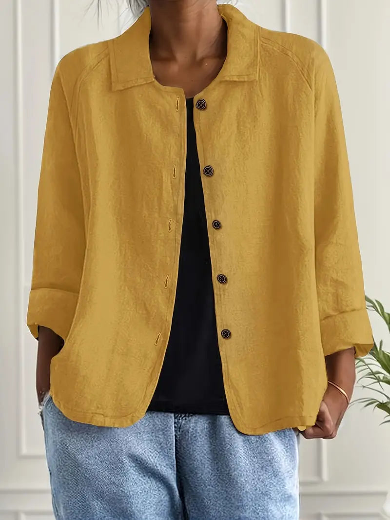Women's Relaxed Linen Shirt with Open Collar and Button Front