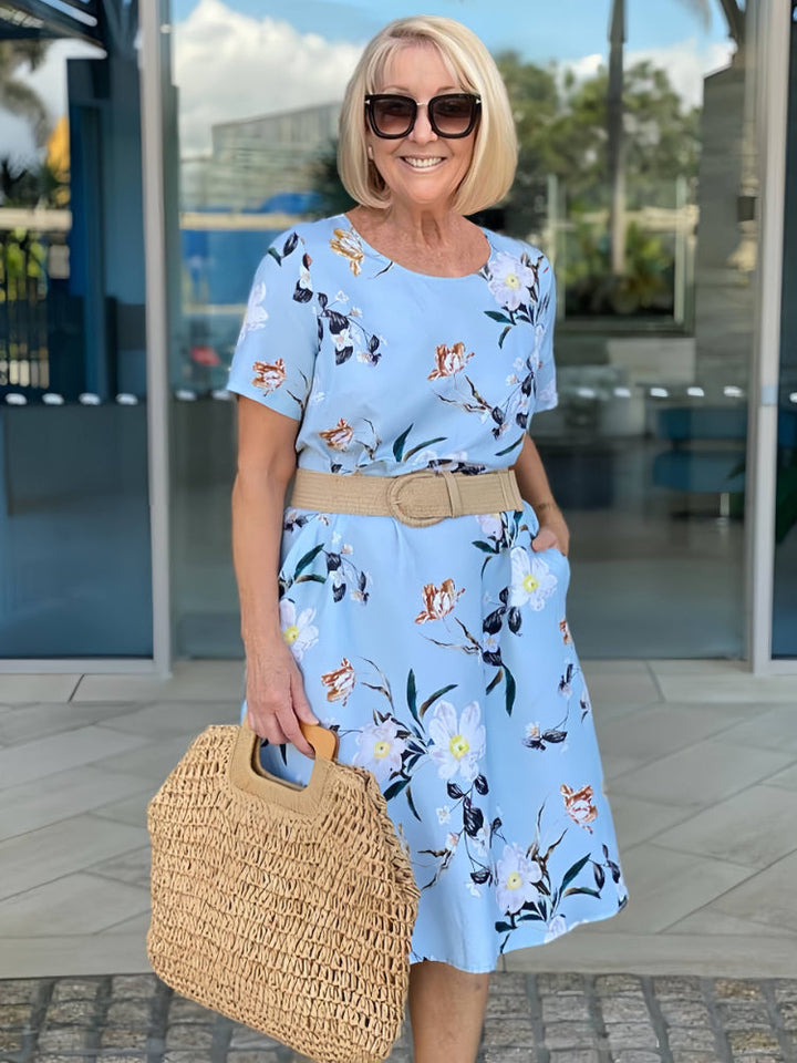 Amber | Midi Summer Dress with Floral Print and Belted Waist