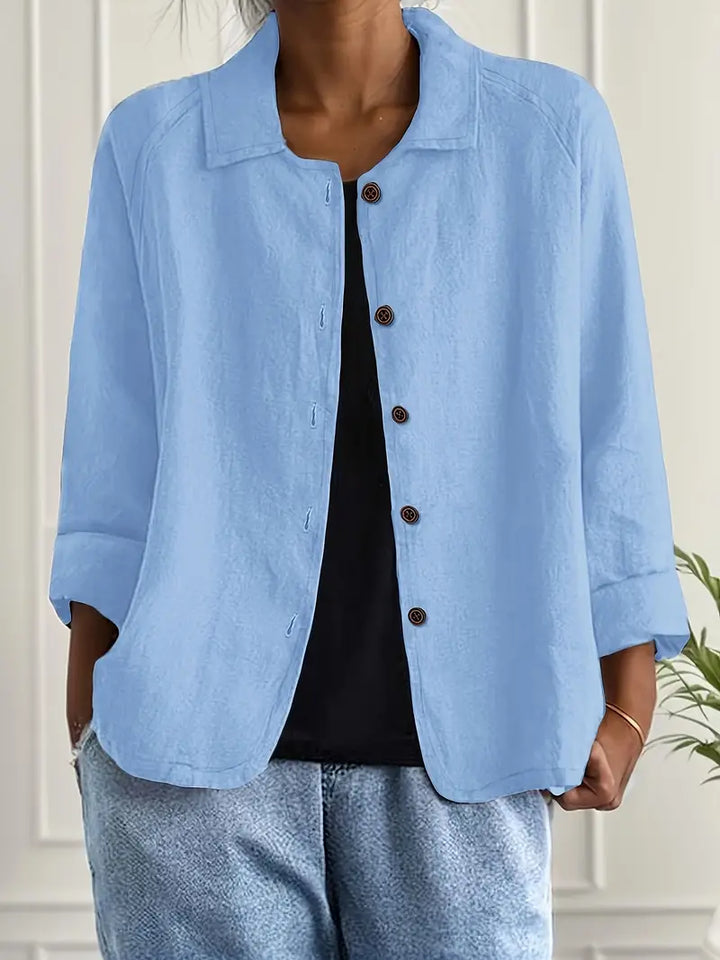 Women's Relaxed Linen Shirt with Open Collar and Button Front