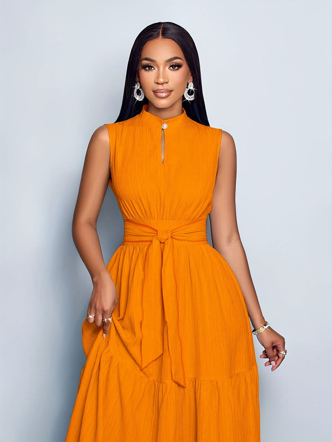 Tina | Maxi Summer Dress with Mock Neck and Belted Waist