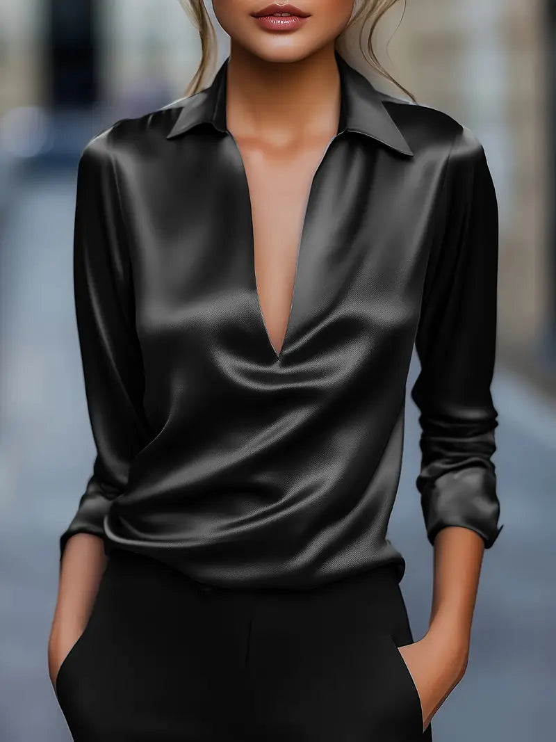 Women's Satin Blouse with V-Neck Collar and Long Sleeve