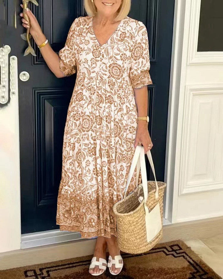 Phoebe | Midi Summer Dress with Boho Print and V-Neck
